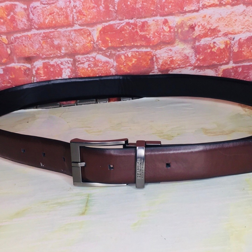 Kenneth Cole Reaction Brown Leather Dress Belt with Brushed Metal Buckle